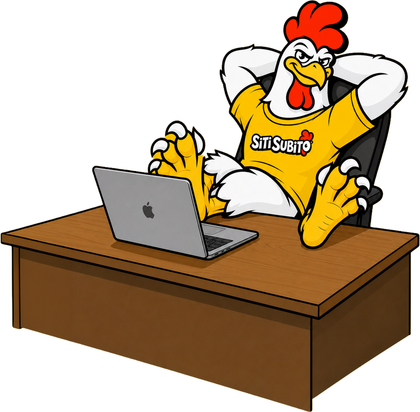 Mascotte SitiSubito.it al lavoro alla scrivania con il computer