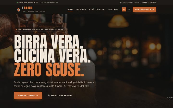 Demo Pub & Birreria: la home del sito Il Birraio con birre alla spina e prenotazione del tavolo
