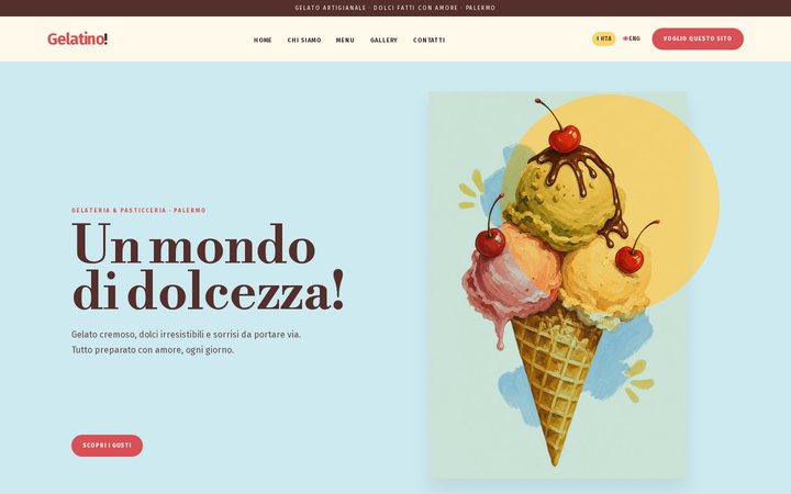 Demo Pasticceria & Gelateria: la home del sito Gelatino con i gusti del giorno e la galleria