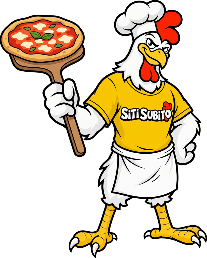 La mascotte SitiSubito.it vestita da chef, con cappello da cuoco e pala con pizza margherita