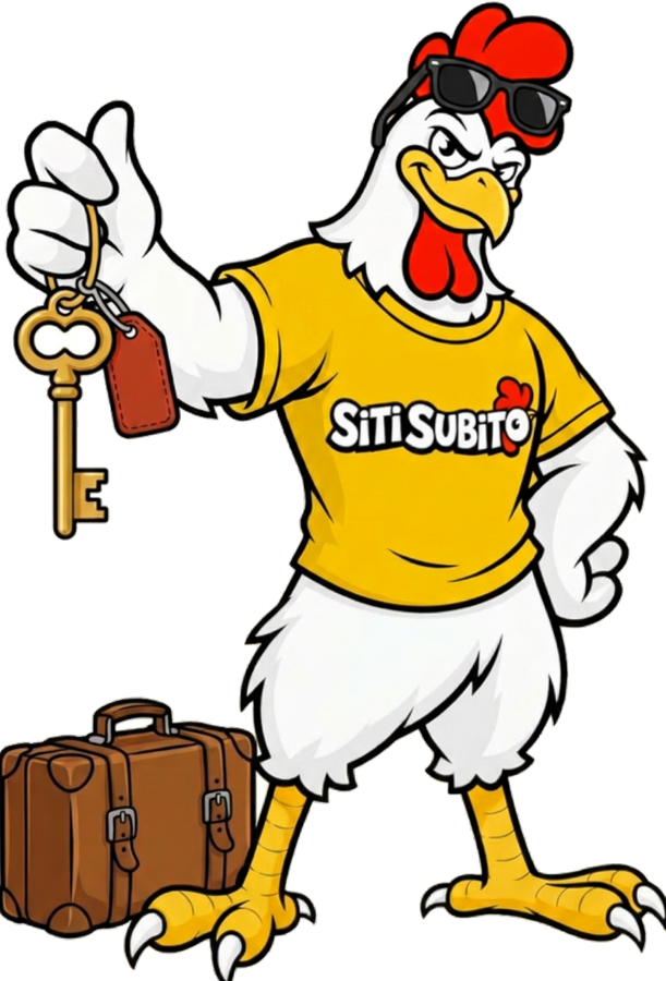 La mascotte SitiSubito.it in versione host: occhiali da sole, chiave della camera in mano e valigia ai piedi