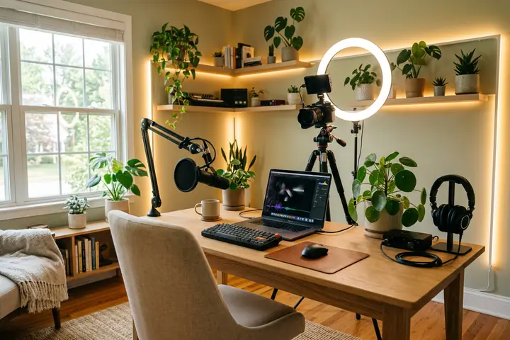 Postazione di un content creator con luce ad anello
