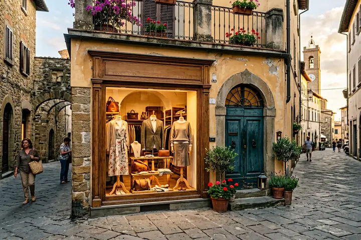 Interno di un negozio di abbigliamento con capi esposti