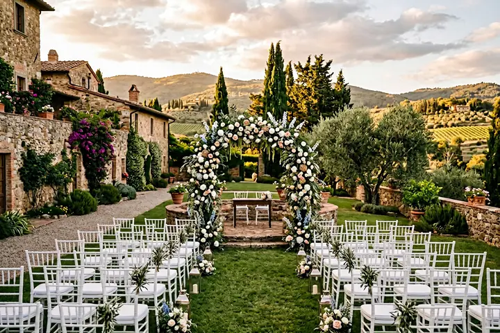 Tavolo allestito per un matrimonio all’aperto