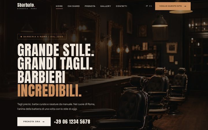 Demo Barber Shop: la home del sito Sbarbato con il titolo in evidenza su sfondo scuro