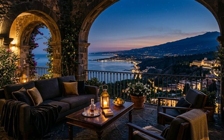Demo Suite: terrazza di una suite con panorama notturno